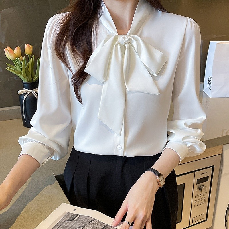 LYR310 | SELYRA Korean Ribbon Blouse Wanita – Elegant Tie Neck Long Sleeve Top