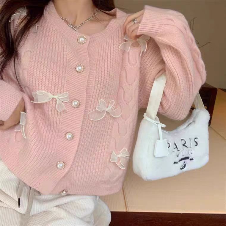 LYR344 | SELYRA Korean Ribbon Pearl Knit Cardigan Wanita – Sweet Feminine Look
