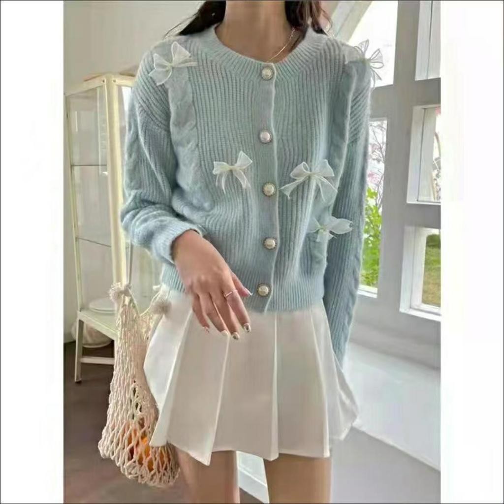 LYR344 | SELYRA Korean Ribbon Pearl Knit Cardigan Wanita – Sweet Feminine Look