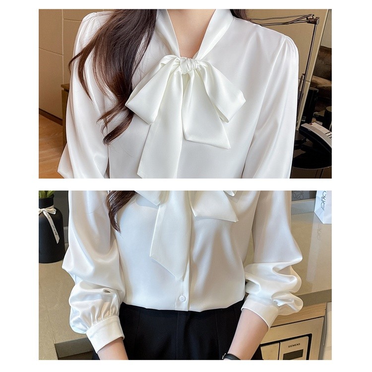 LYR310 | SELYRA Korean Ribbon Blouse Wanita – Elegant Tie Neck Long Sleeve Top