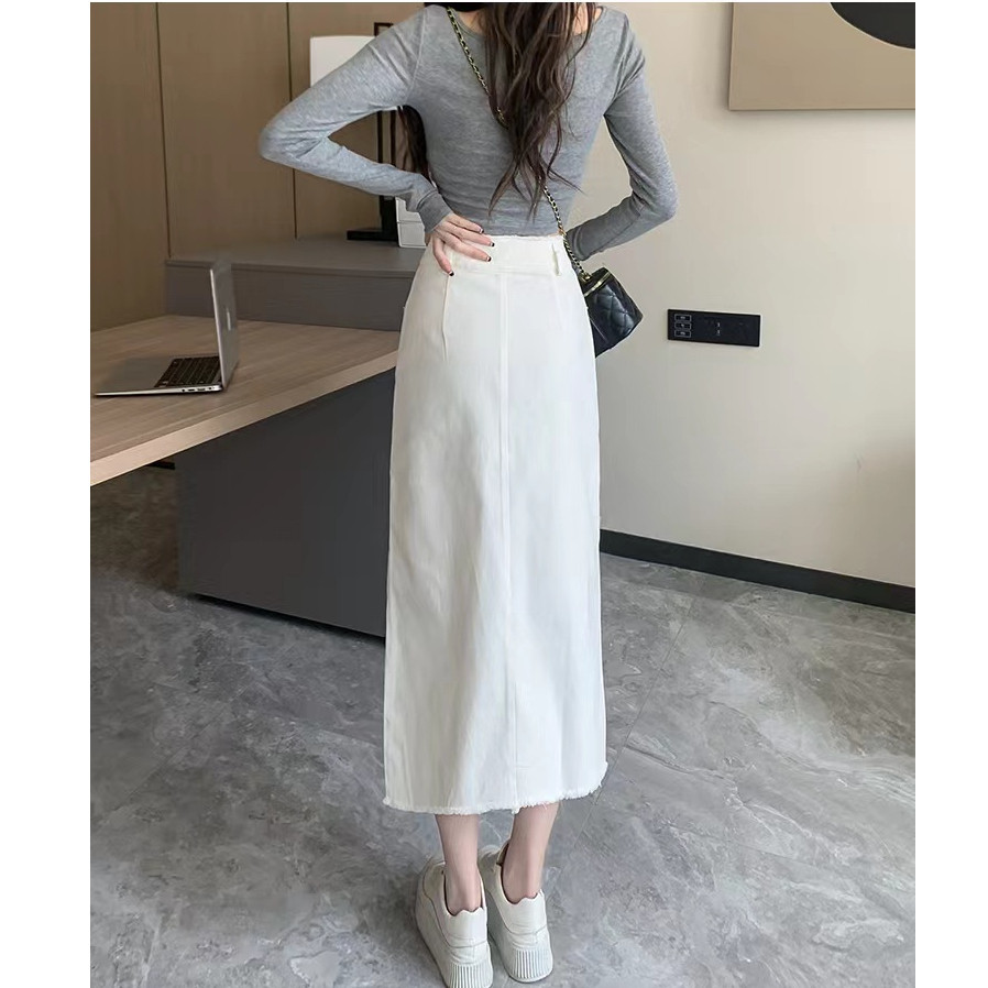 LYR335-B | SELYRA High Waist A-Line Midi Skirt – Front Slit Casual Rok Wanita
