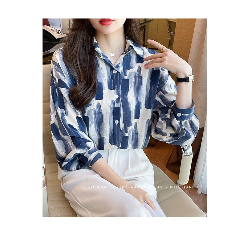 LYR312 | SELYRA Korean Abstract Stripe Blouse Wanita – Long Sleeve Office Top
