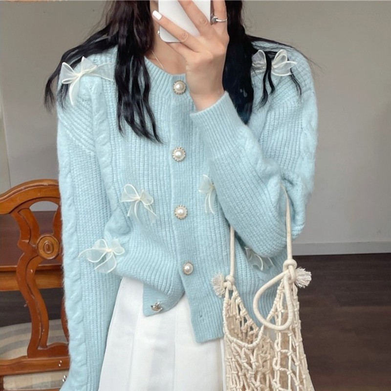 LYR344 | SELYRA Korean Ribbon Pearl Knit Cardigan Wanita – Sweet Feminine Look