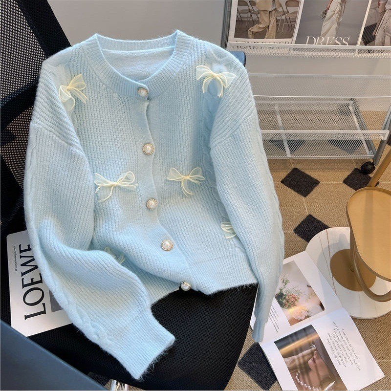 LYR344 | SELYRA Korean Ribbon Pearl Knit Cardigan Wanita – Sweet Feminine Look