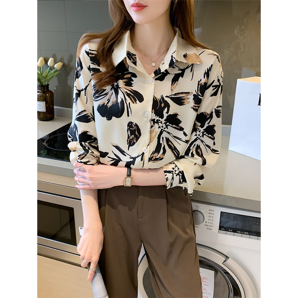 LYR311 | SELYRA Korean Abstract Print Blouse Wanita – Long Sleeve Office Top