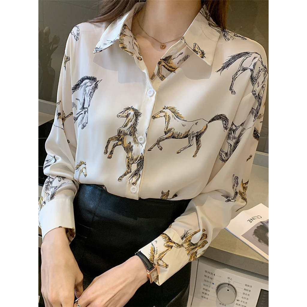LYR313 | SELYRA Korean Horse Print Long Blouse Wanita – Oversized Shirt Top