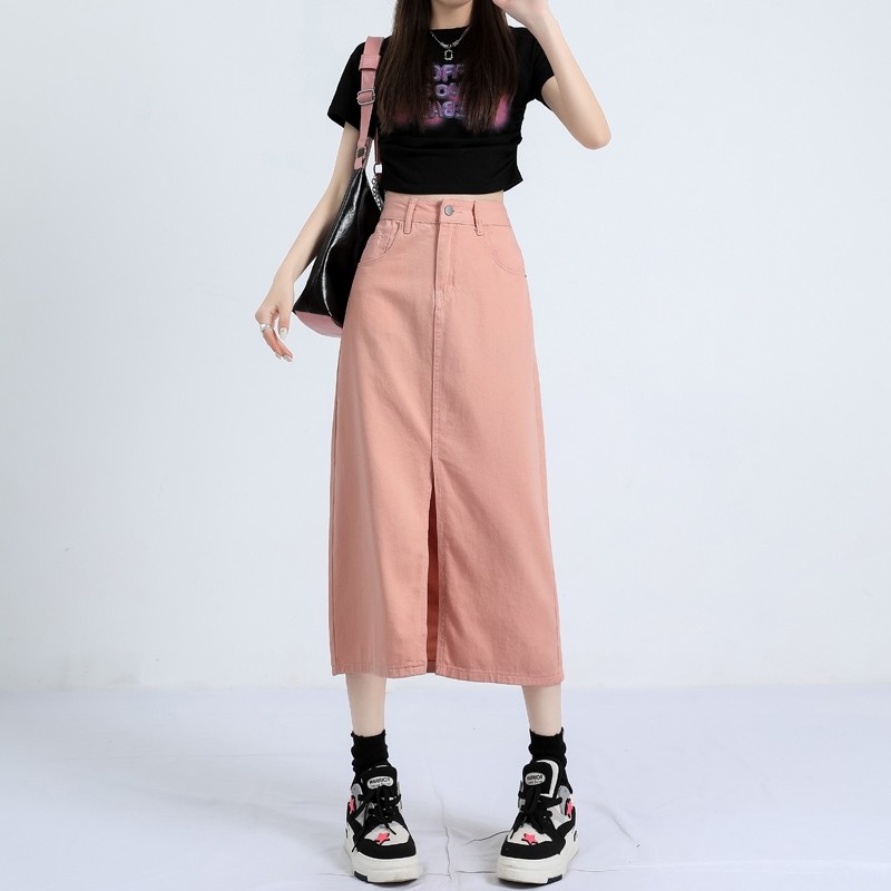 LYR338 | SELYRA High Waist Colored Denim Midi Skirt – Front Slit Casual