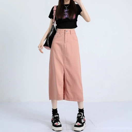 Image of LYR338 | SELYRA High Waist Colored Denim Midi Skirt – Front Slit Casual