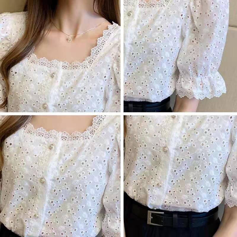 LYR301 | SELYRA Korean Eyelet Blouse Wanita – Blouse Putih Feminine Daily Wear