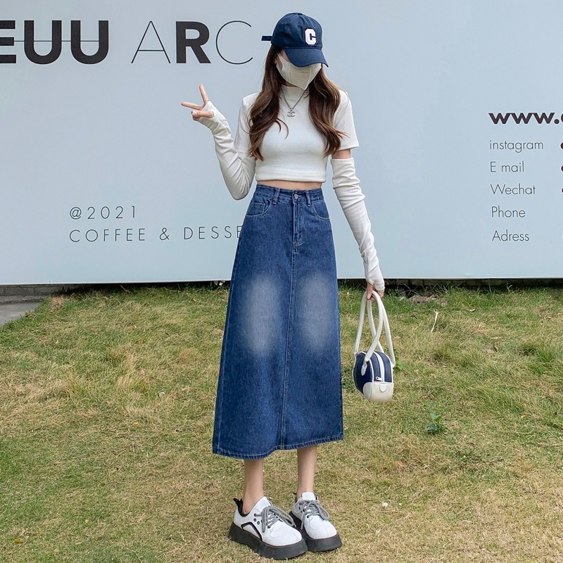 LYR335-B | SELYRA High Waist A-Line Midi Skirt – Front Slit Casual Rok Wanita