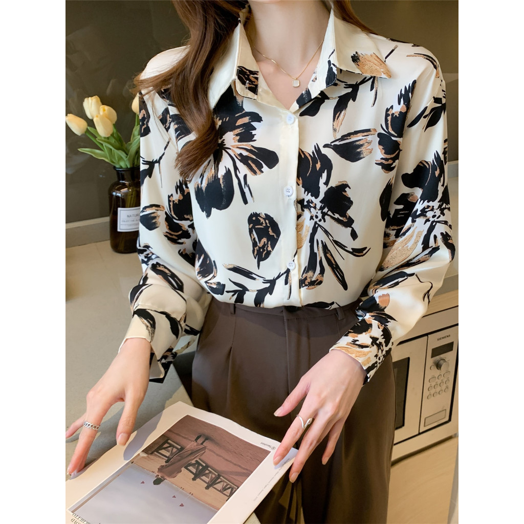 LYR311 | SELYRA Korean Abstract Print Blouse Wanita – Long Sleeve Office Top