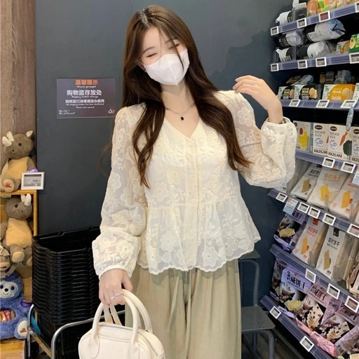 Image of LYR303 | SELYRA Korean Lace Peplum Blouse Wanita – Blouse Cream Feminine Daily Wear