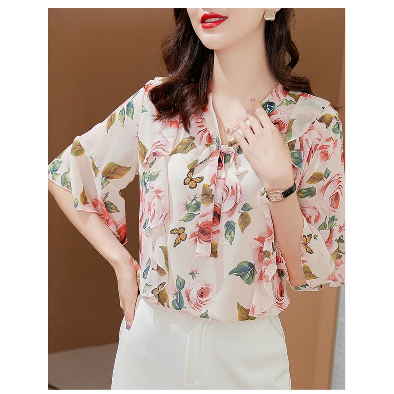 LYR318 | SELYRA Korean Floral Tie Neck Blouse Wanita – Feminine Chiffon Top