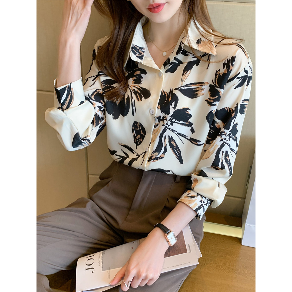 LYR311 | SELYRA Korean Abstract Print Blouse Wanita – Long Sleeve Office Top