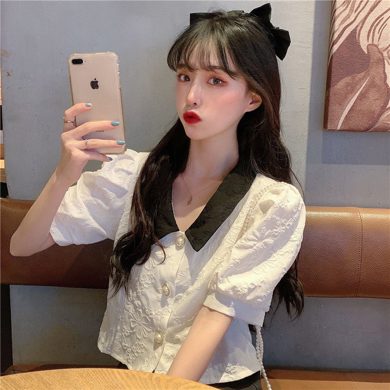 LYR305 | SELYRA Korean Contrast Collar Blouse Wanita – Blouse Hitam Putih Feminine Daily Wear