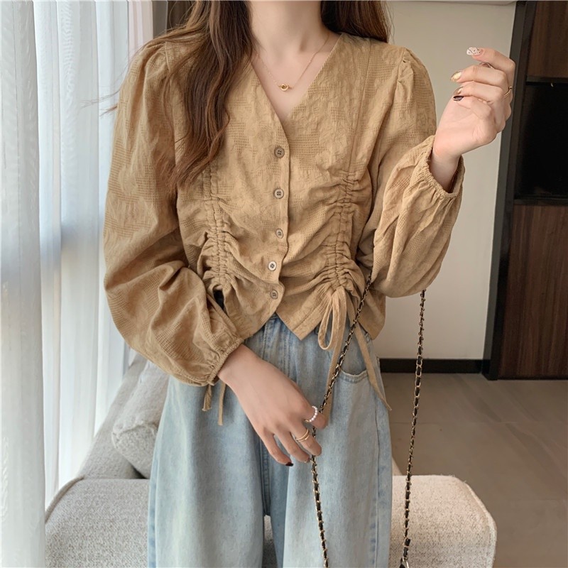 LYR307 | SELYRA Korean Drawstring Blouse Wanita – Blouse V Neck Feminine Daily Wear