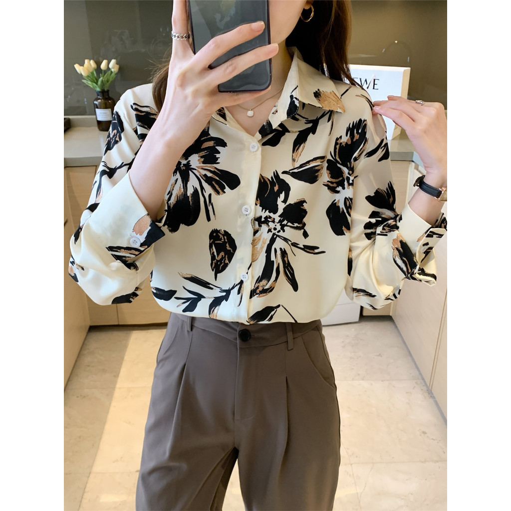 LYR311 | SELYRA Korean Abstract Print Blouse Wanita – Long Sleeve Office Top