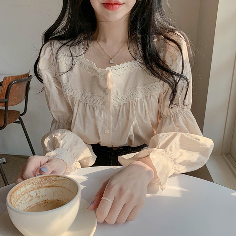 LYR300 | SELYRA Blouse Korea Wanita Cream – Atasan Cewek Feminine Lace Korean Style