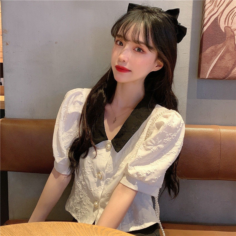 LYR305 | SELYRA Korean Contrast Collar Blouse Wanita – Blouse Hitam Putih Feminine Daily Wear