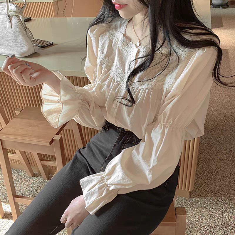 LYR300 | SELYRA Blouse Korea Wanita Cream – Atasan Cewek Feminine Lace Korean Style