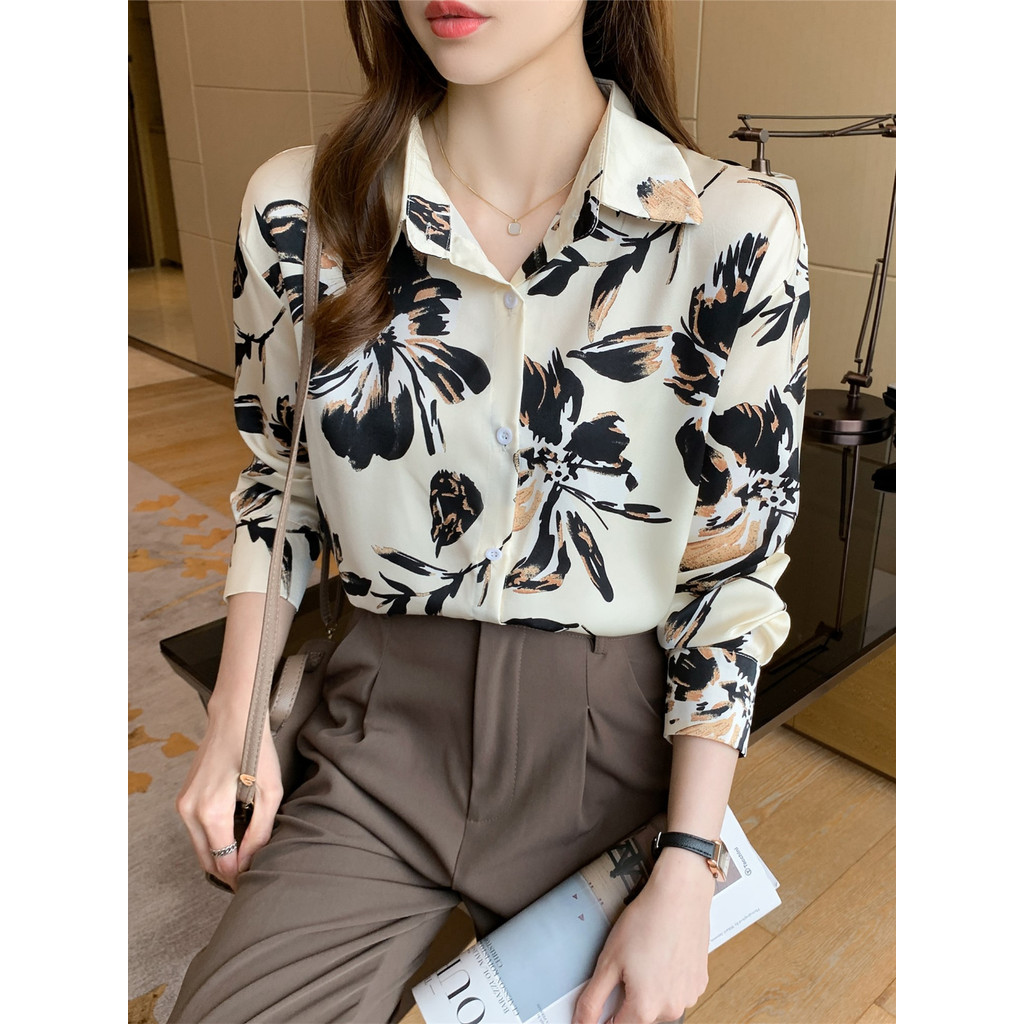 LYR311 | SELYRA Korean Abstract Print Blouse Wanita – Long Sleeve Office Top