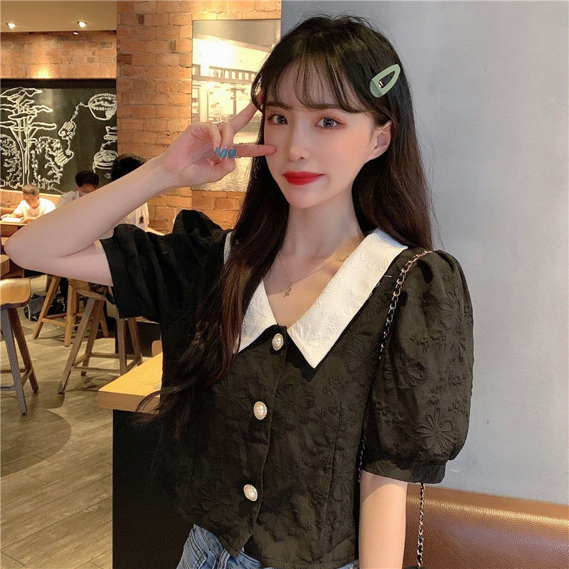 LYR305 | SELYRA Korean Contrast Collar Blouse Wanita – Blouse Hitam Putih Feminine Daily Wear