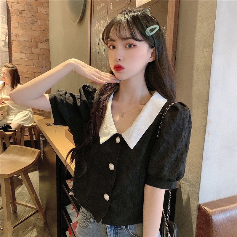 LYR305 | SELYRA Korean Contrast Collar Blouse Wanita – Blouse Hitam Putih Feminine Daily Wear