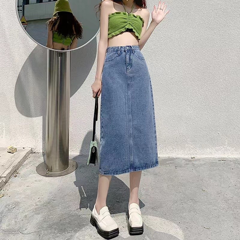 LYR336-B | SELYRA High Waist Denim Midi Skirt – Korean A-Line Rok Jeans Wanita