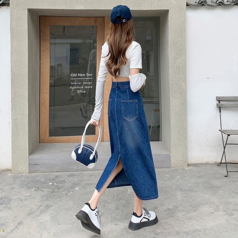 LYR335 | SELYRA High Waist A-Line Midi Skirt – Front Slit Casual Rok Wanita