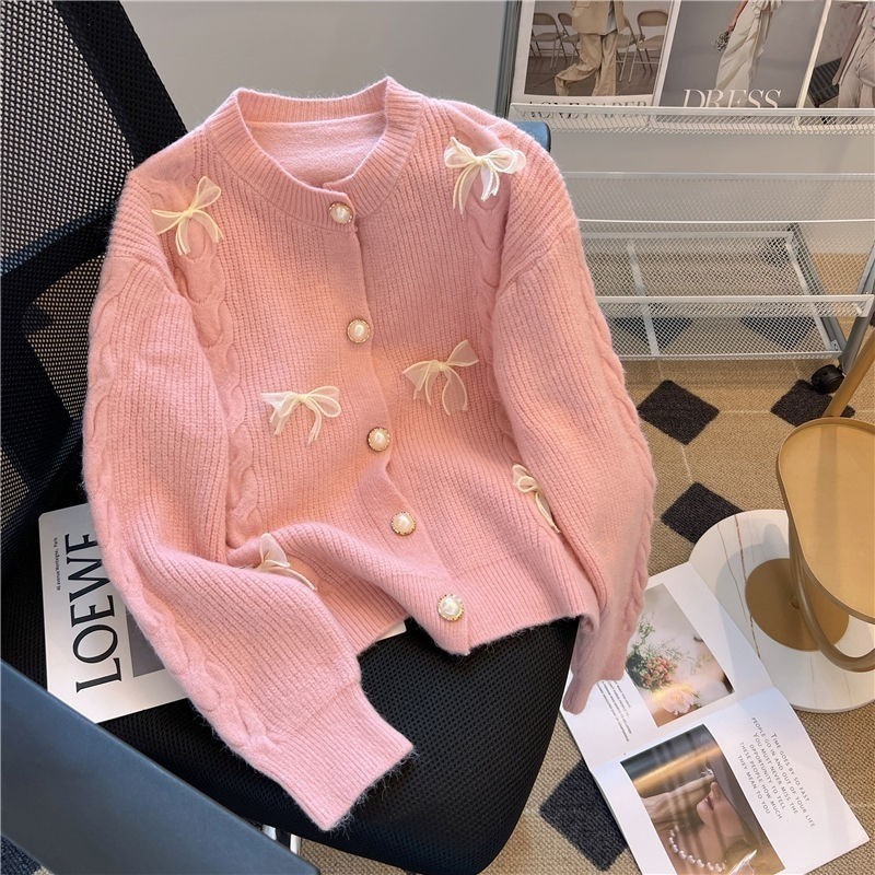 LYR344 | SELYRA Korean Ribbon Pearl Knit Cardigan Wanita – Sweet Feminine Look