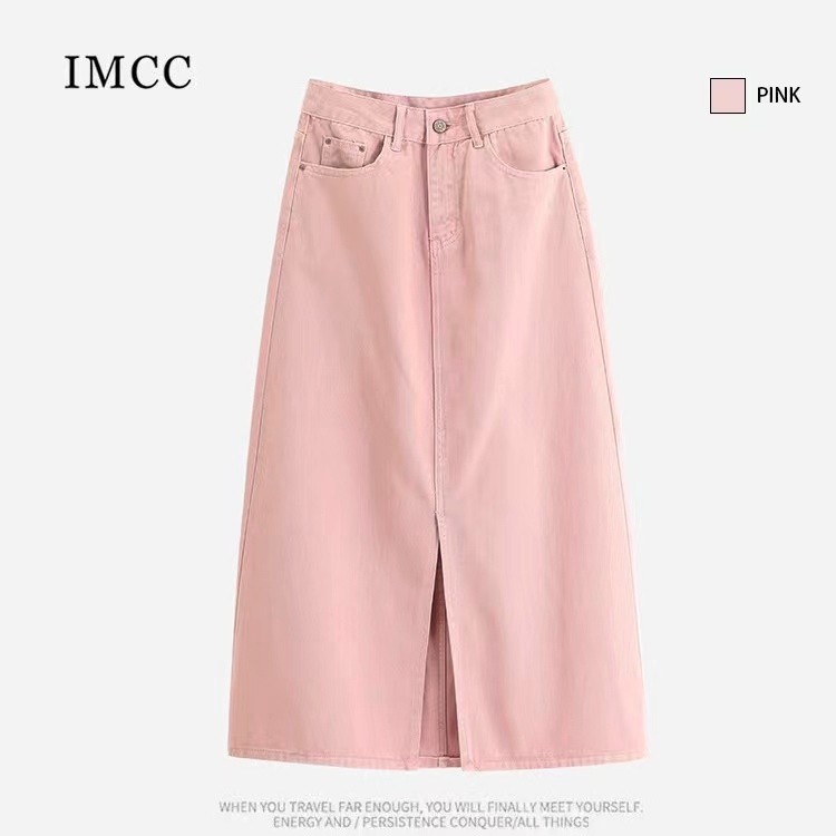 LYR338 | SELYRA High Waist Colored Denim Midi Skirt – Front Slit Casual