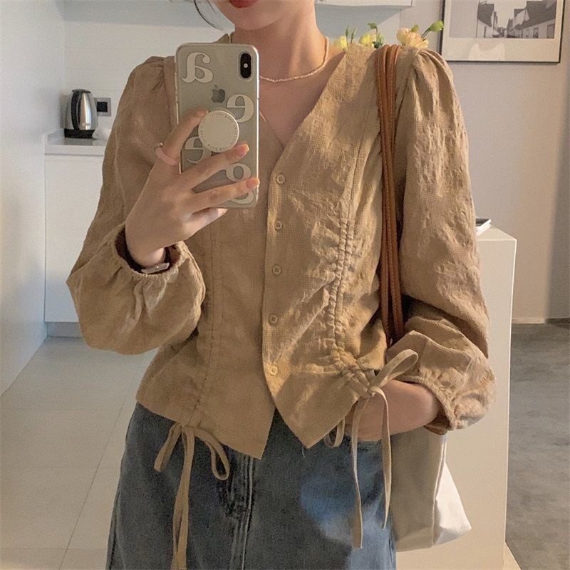LYR307 | SELYRA Korean Drawstring Blouse Wanita – Blouse V Neck Feminine Daily Wear