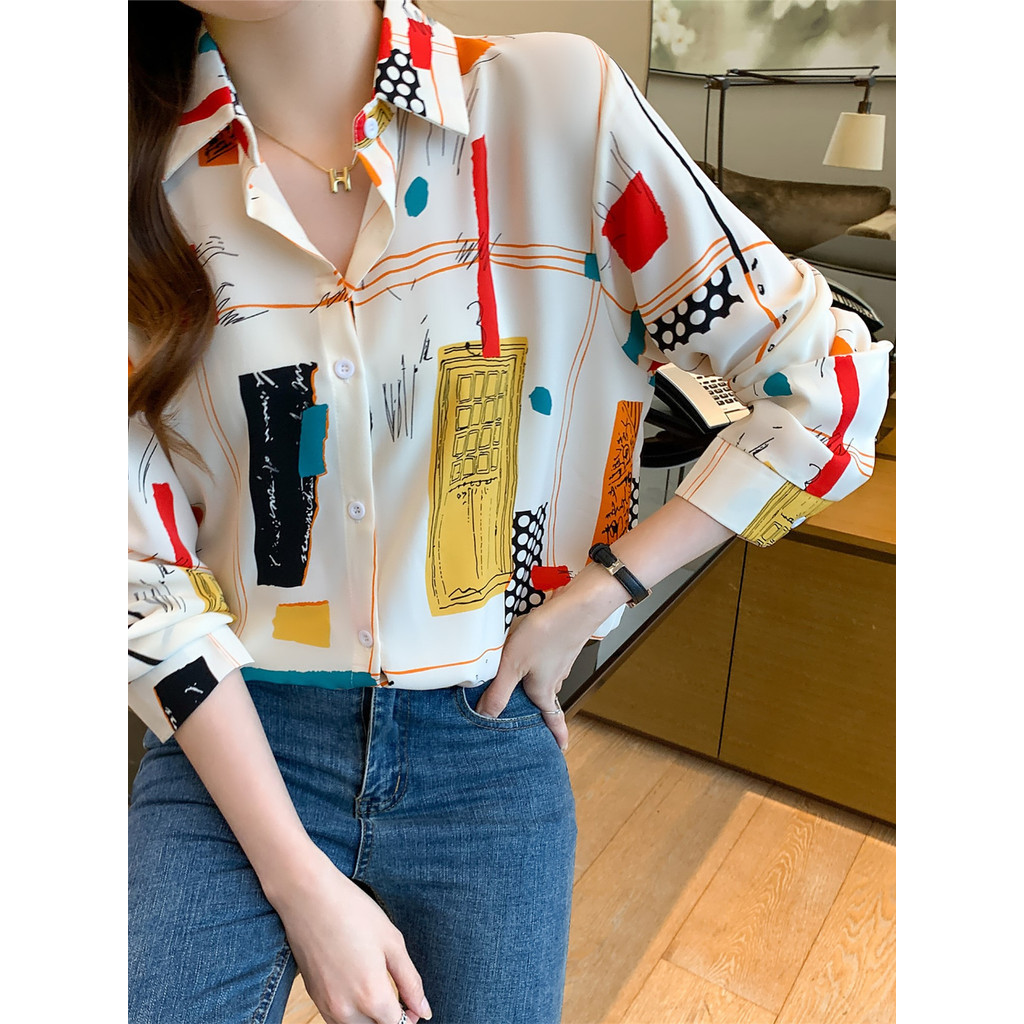 LYR315 | SELYRA Korean Abstract Color Blouse Wanita – Long Sleeve Office Top