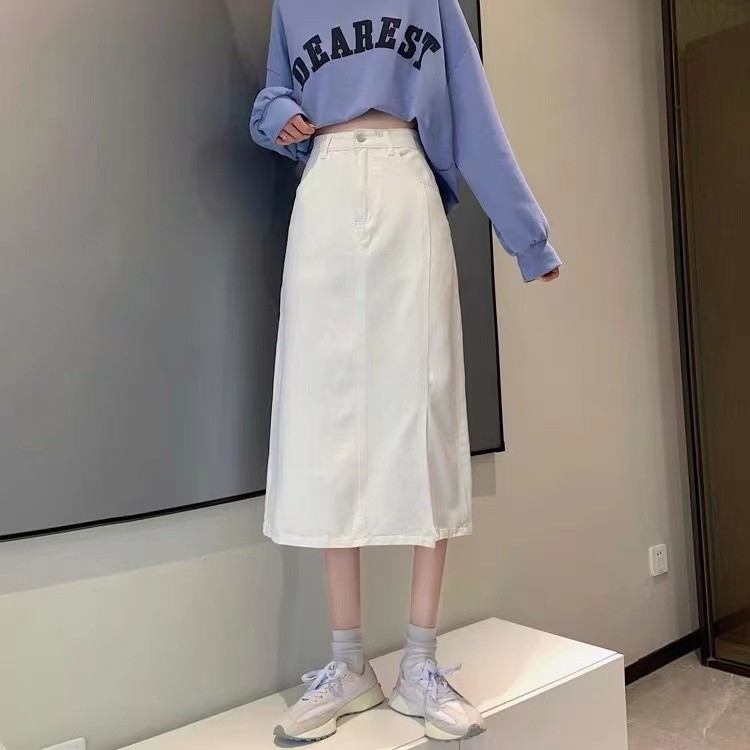 LYR336-B | SELYRA High Waist Denim Midi Skirt – Korean A-Line Rok Jeans Wanita