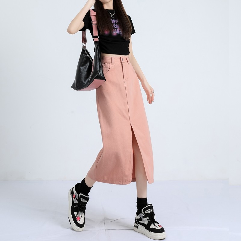 LYR338 | SELYRA High Waist Colored Denim Midi Skirt – Front Slit Casual