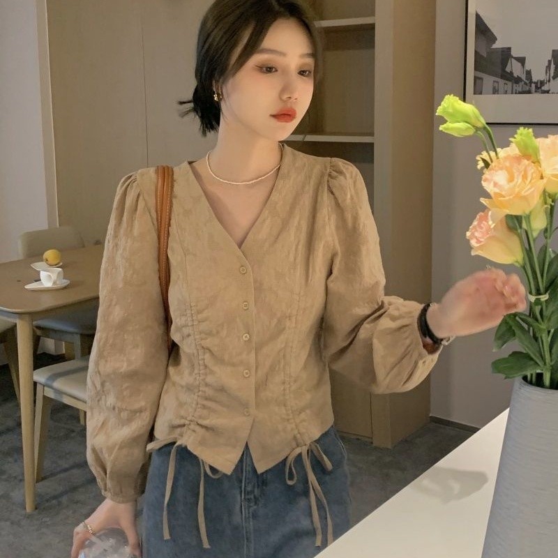 LYR307 | SELYRA Korean Drawstring Blouse Wanita – Blouse V Neck Feminine Daily Wear