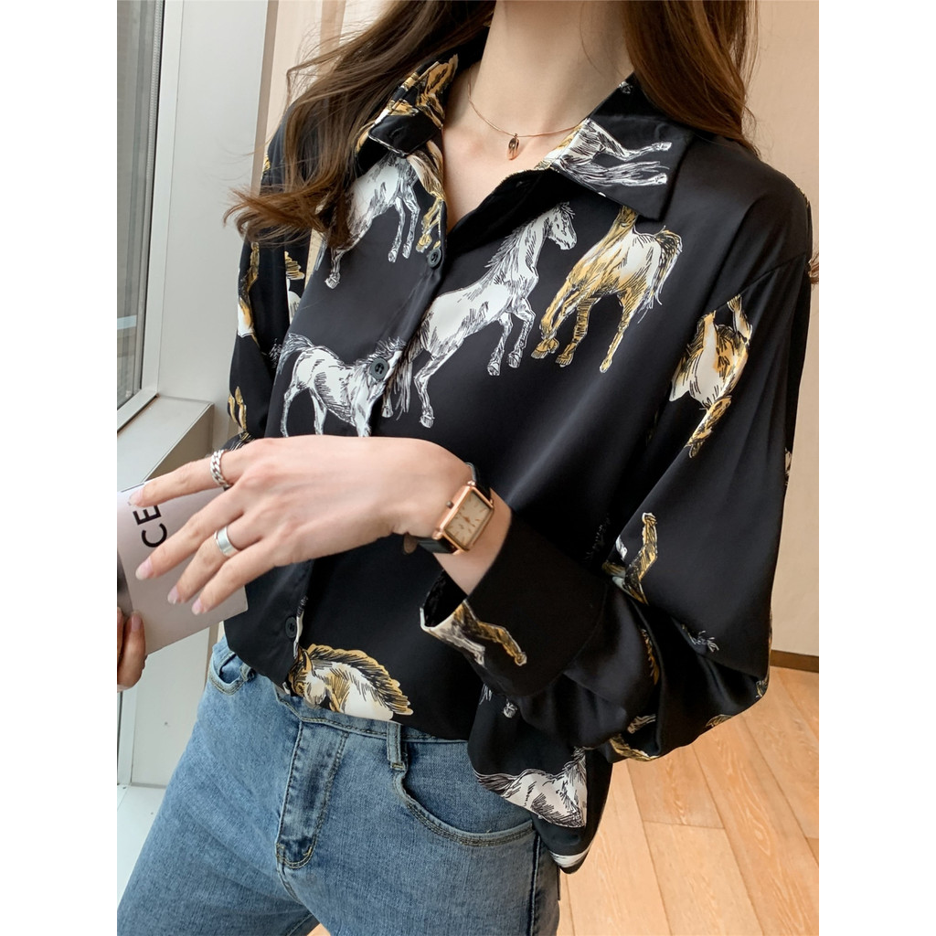 LYR313 | SELYRA Korean Horse Print Long Blouse Wanita – Oversized Shirt Top