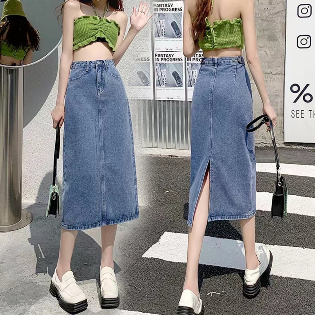 LYR336-B | SELYRA High Waist Denim Midi Skirt – Korean A-Line Rok Jeans Wanita