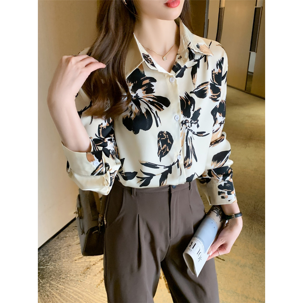 LYR311 | SELYRA Korean Abstract Print Blouse Wanita – Long Sleeve Office Top