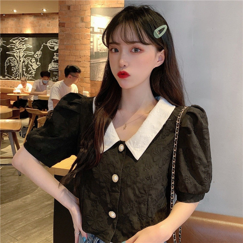 LYR305 | SELYRA Korean Contrast Collar Blouse Wanita – Blouse Hitam Putih Feminine Daily Wear