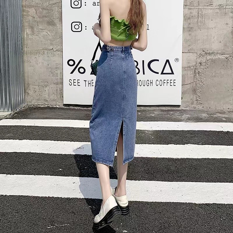 LYR336-B | SELYRA High Waist Denim Midi Skirt – Korean A-Line Rok Jeans Wanita