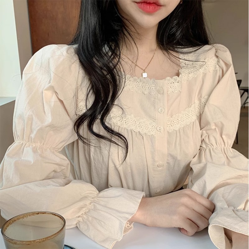 LYR300 | SELYRA Blouse Korea Wanita Cream – Atasan Cewek Feminine Lace Korean Style