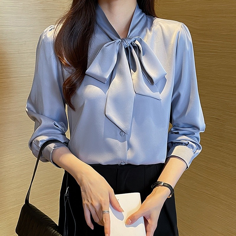 LYR310 | SELYRA Korean Ribbon Blouse Wanita – Elegant Tie Neck Long Sleeve Top