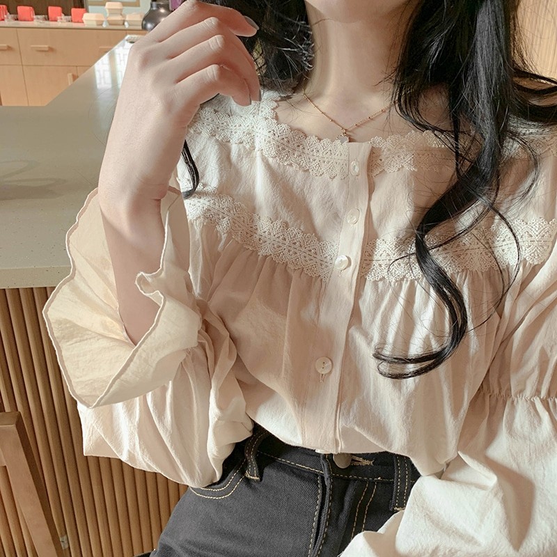 LYR300 | SELYRA Blouse Korea Wanita Cream – Atasan Cewek Feminine Lace Korean Style