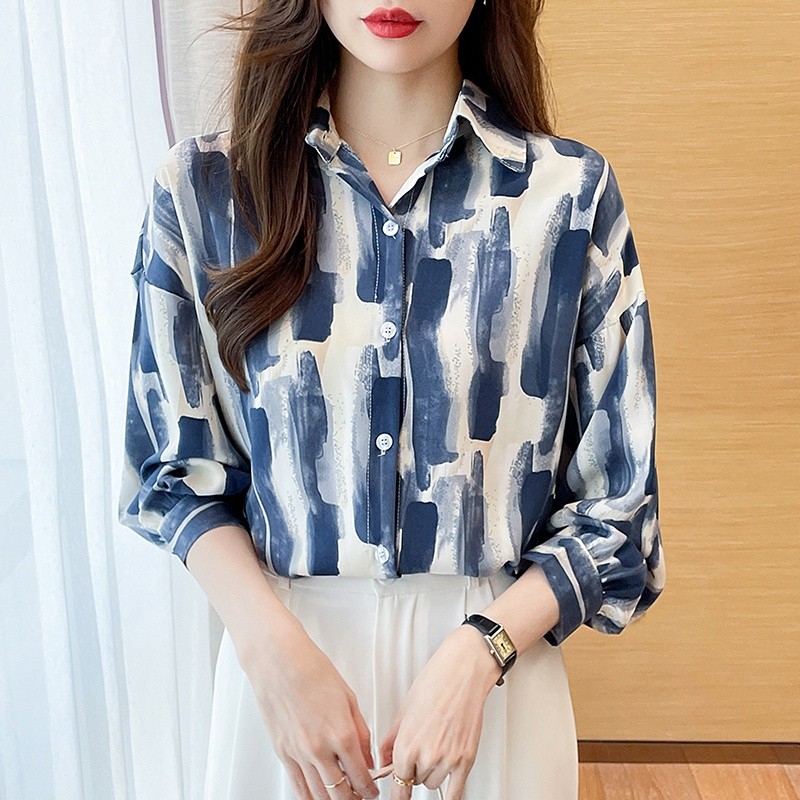 LYR312 | SELYRA Korean Abstract Stripe Blouse Wanita – Long Sleeve Office Top