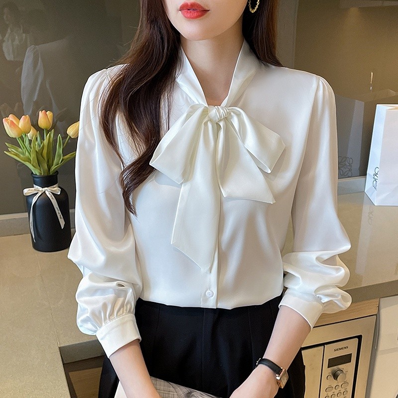 LYR310 | SELYRA Korean Ribbon Blouse Wanita – Elegant Tie Neck Long Sleeve Top