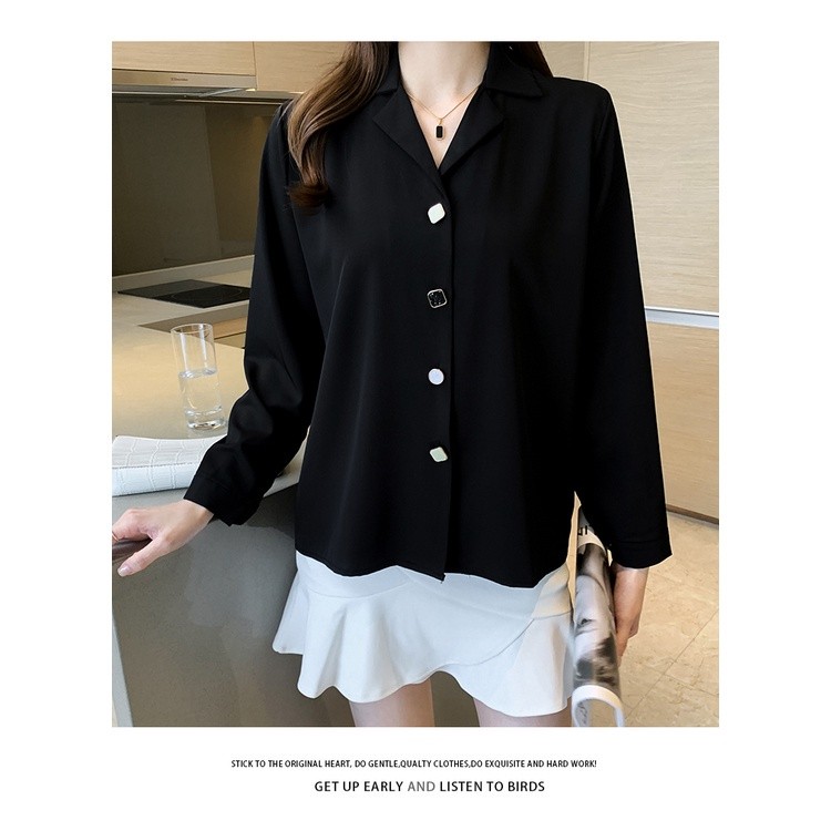 LYR316 | SELYRA Korean Gold Button Blouse Wanita – Elegant Office Long Sleeve Top