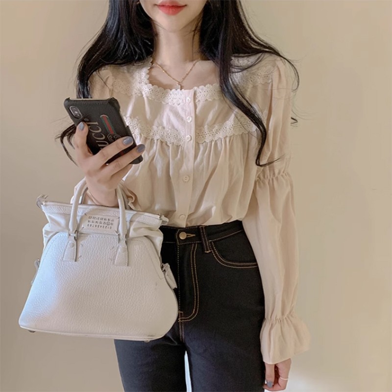 LYR300 | SELYRA Blouse Korea Wanita Cream – Atasan Cewek Feminine Lace Korean Style