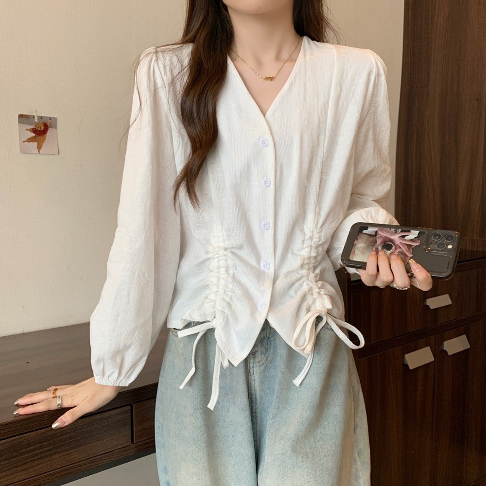 LYR307 | SELYRA Korean Drawstring Blouse Wanita – Blouse V Neck Feminine Daily Wear
