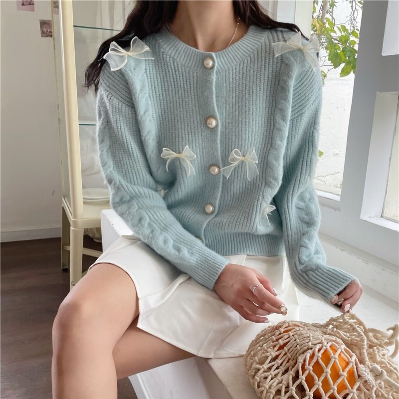 LYR344 | SELYRA Korean Ribbon Pearl Knit Cardigan Wanita – Sweet Feminine Look